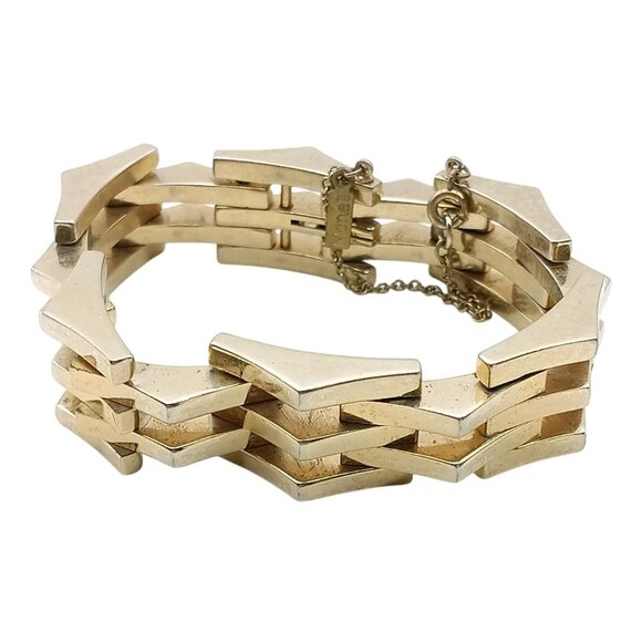 Vintage Monet Gold-Tone Geometric Panther Link Bracelet with Safety Clasp - Picture 1 of 6